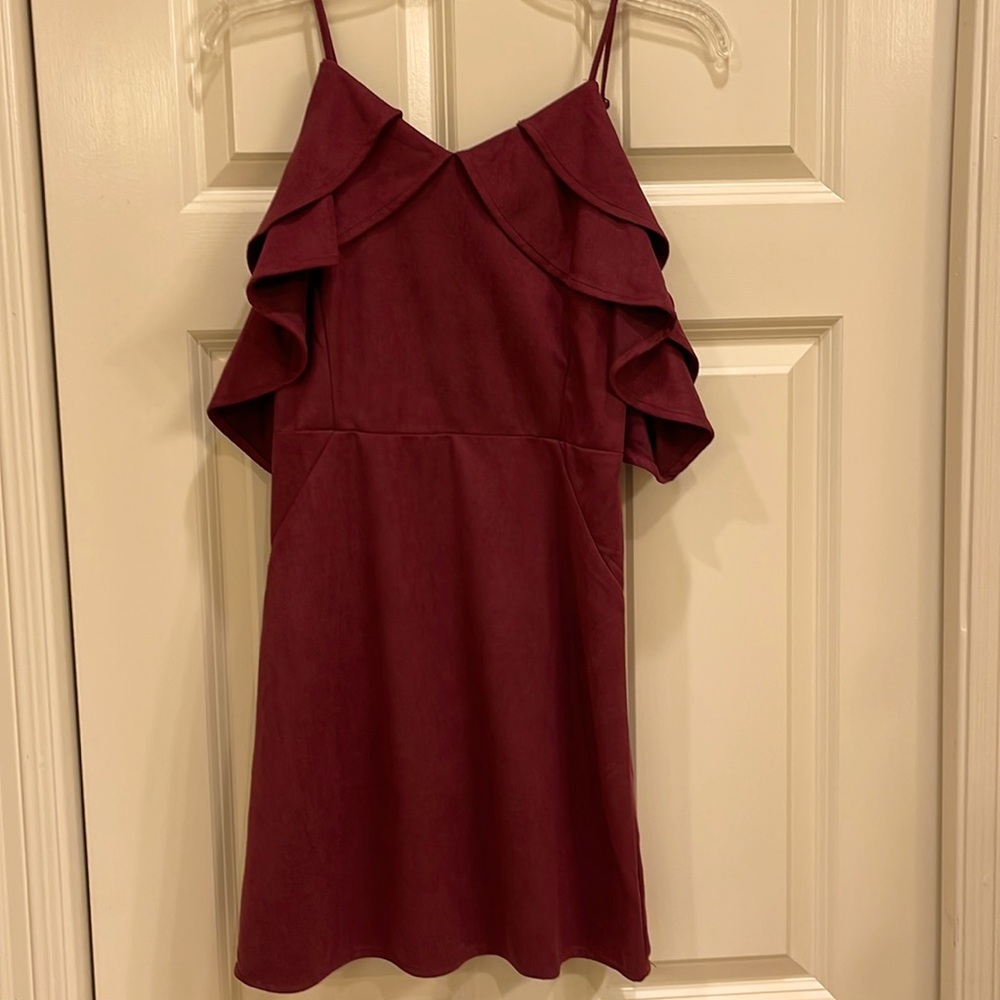 She and Sky Suede Cold shoulder burgundy dress- NWT S